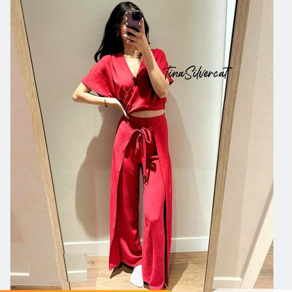BLOGGER'S FAVE! Zara 2 Piece Red Pants And Wrap Top Set NWT - Picture 7 of 16